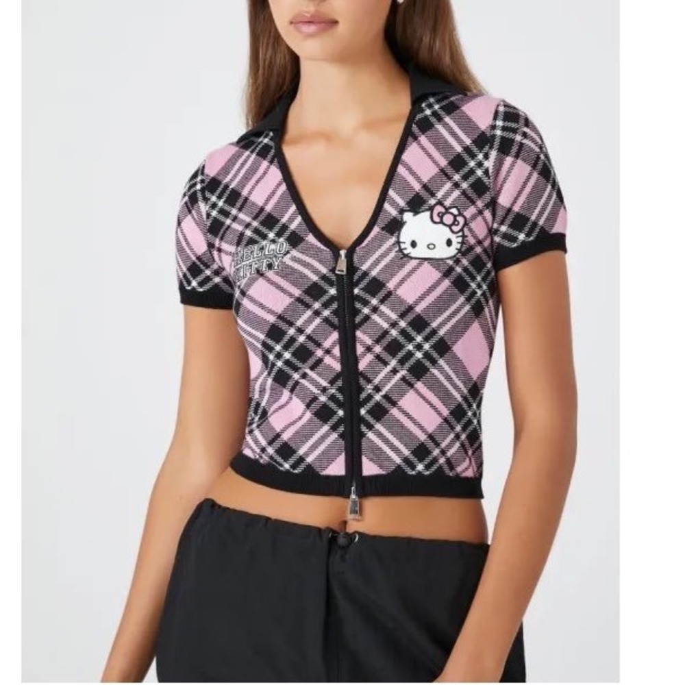 Hello Kitty Forever 21 Pink Black Plaid Zip Front Knit Polo Sweater Top Womens M